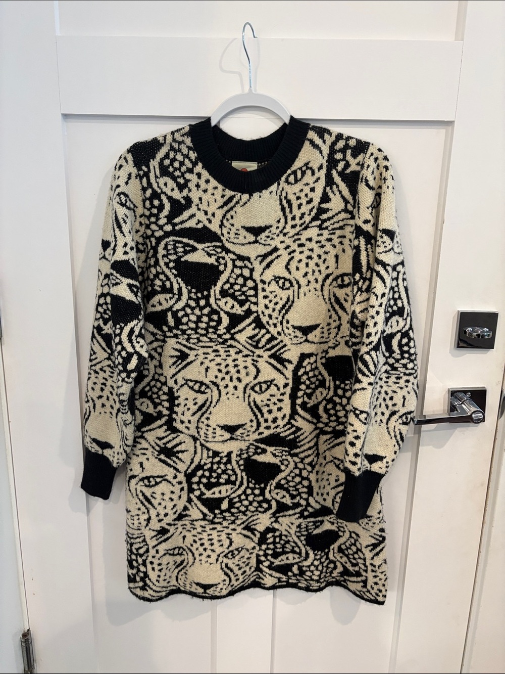 FARM Rio Cream and Black Leopard-Pattern Knit Sweater